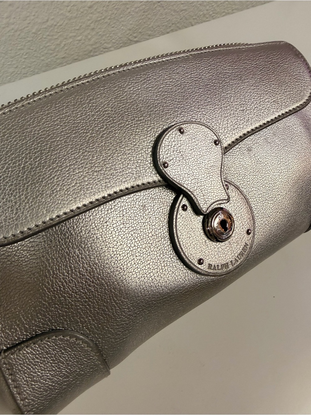 Ralph Lauren Collection Ricky Metallic Silver Pebbled Leather Clutch - Picture 2 of 16